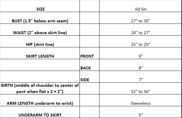 Measurement chart for Pink and Black Sub Zero skating dress Ad Sm