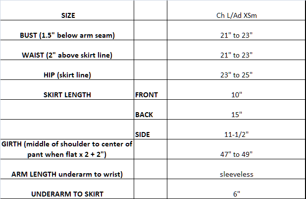 measurement chart for green lycra and chiffon competition skating dress Ch L/Ad XSm
