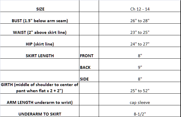 Measurements for GK Elite Black and White skating dress ch 12 - 14