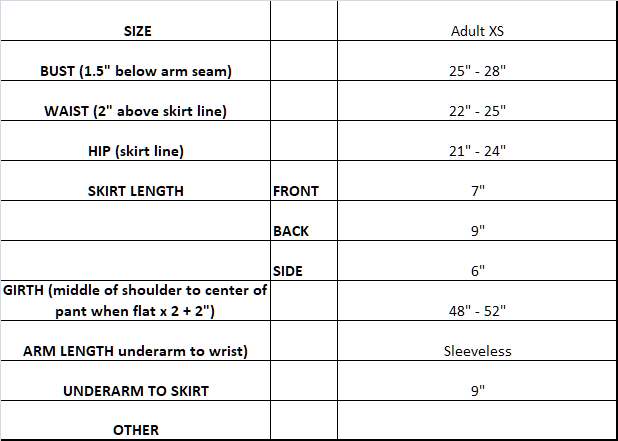 Measurement Chart for Ad XS red Sharene Designer skating dress