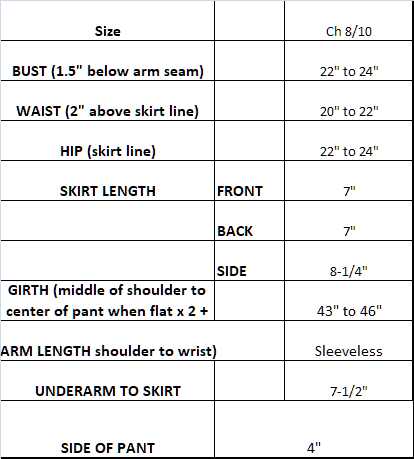 Measurement chart for Turquoise Dress