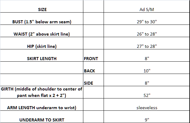 measurement chart for DD165 purple competition dress S/M