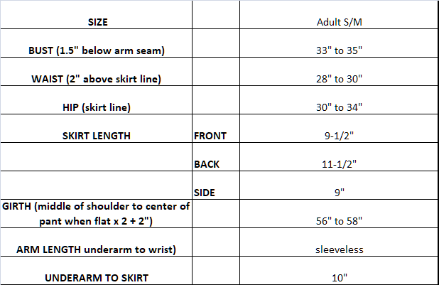 measurement chart for cranberry dress