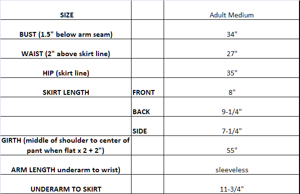 measurement chart for Black with Blue and clear Swarovski crystals ice skating competition dress