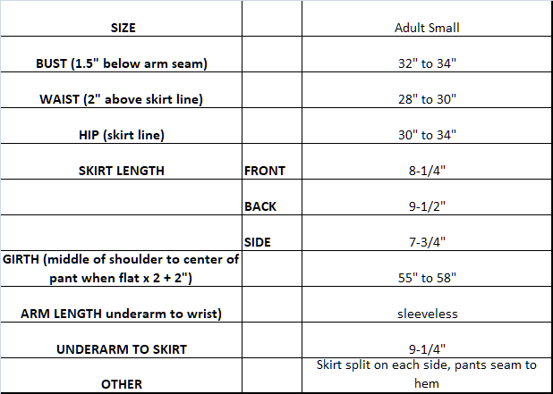 Measurement chart for Shades of Blue skating dress