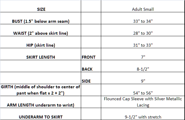 measurement chart for navy competition dress with flounced cap sleeves