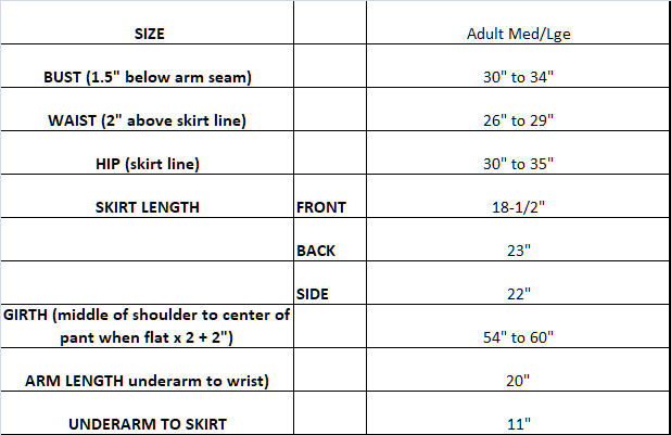 measurement chart for Daisy Design black and silver ice dance dress