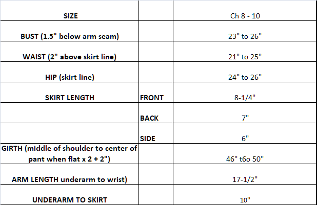 Measurements for basic blue mondor ice skating dress size 8-10