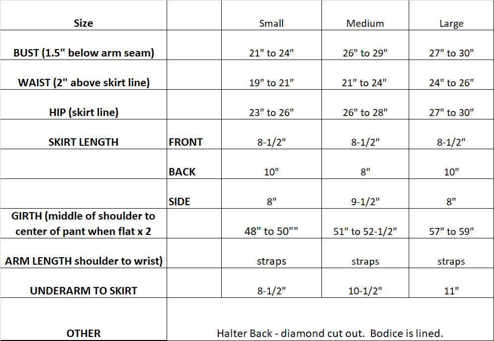 Measurement chart for 8087 Motionwear ice skating dress