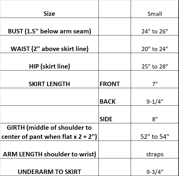 Measurements for Motionwear ice skating dress 8114 size small