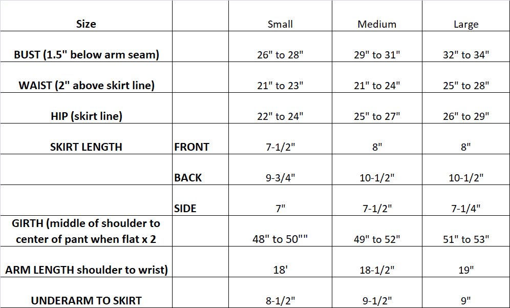 Measurement chart for Motionwear ice skating dress model 8132