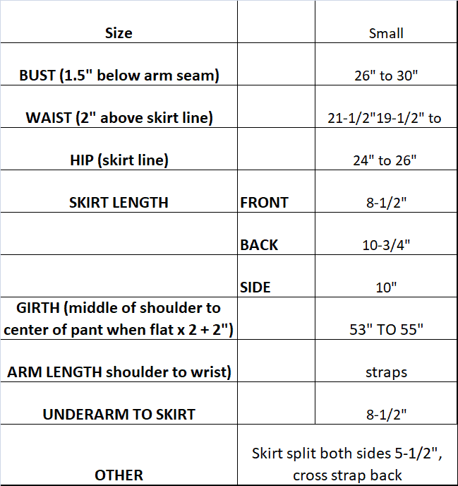 Measurements for Motionwear Fuschia size small model 8365 ice skating dress