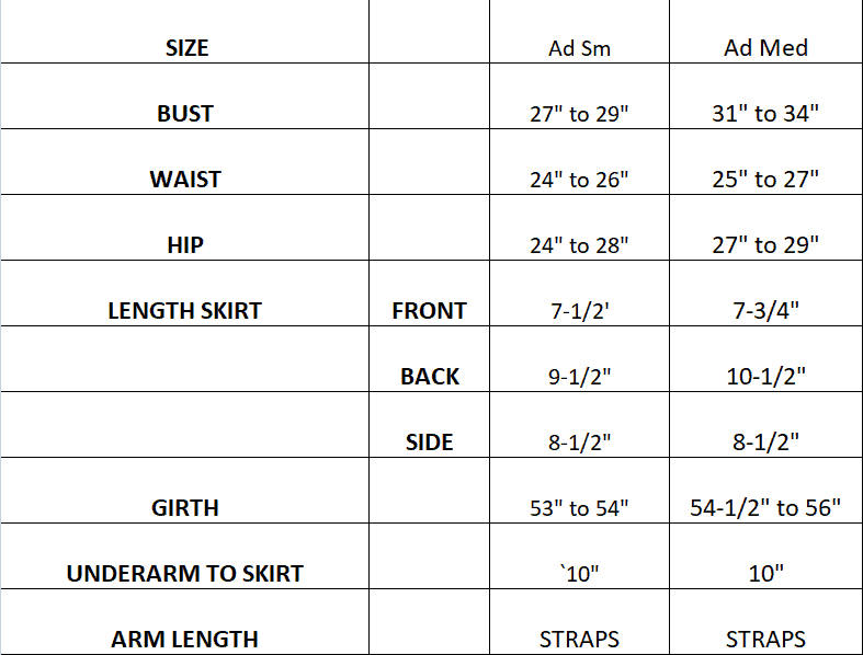 Measurements for Motionwear 8086 Small and Medium Dresses