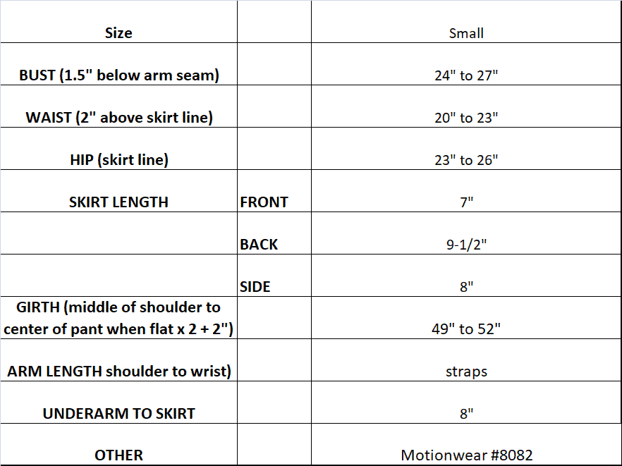 Sizing Chart for Motionwear Black skating dress size small