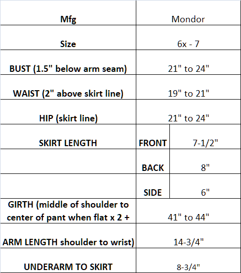 Measurements for mondor Dark Purple size 6x-7 skating dress