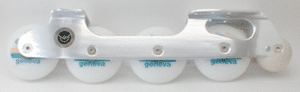 Five white plastic wheels labeled 'Geneva' mounted on a white frame, forming a roller assembly along a rail.